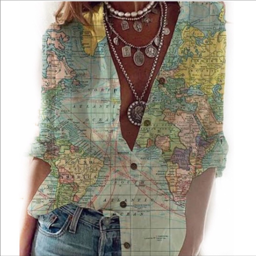 World Map Long Sleeve Button Down Shirt - NWOT
